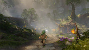 A fantasy forest scene with a small character in green and brown clothing walking along a stone path, surrounded by misty trees, glowing mushrooms, and purple flowers. This appears to be digital artwork rather than a physical product photo.