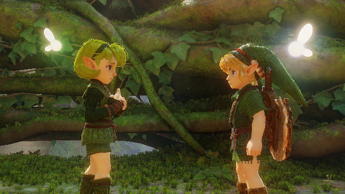 A stylized 3D-rendered scene showing two fantasy characters standing in a mossy forest with glowing butterflies around them. One character has green hair and a green outfit, and the other has blonde hair and a green hat with a brown backpack.