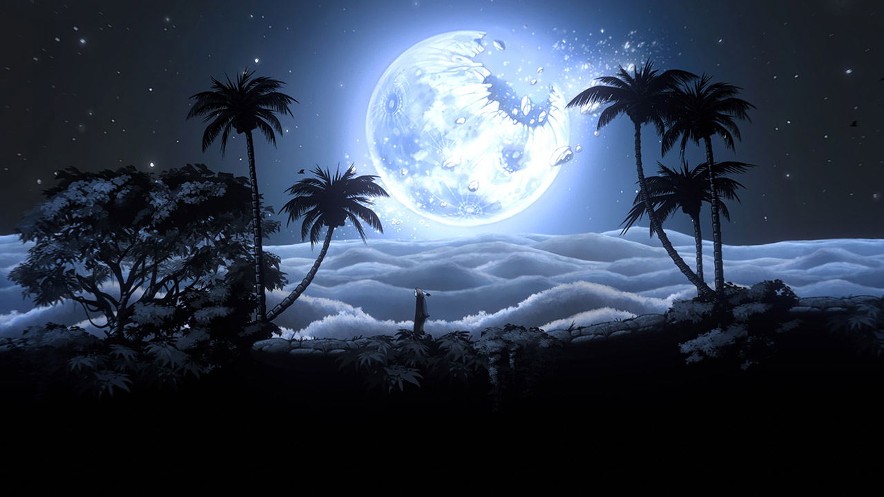 Tropical landscape with palm trees under a large moon on a dark night sky.