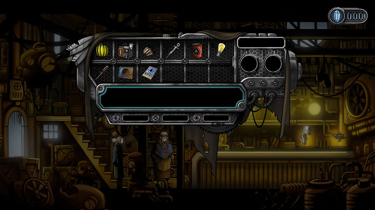 Steampunk-style interface with various components and a dark background