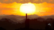 Silhouette of a person standing on a mountain peak with a large sun in the sky