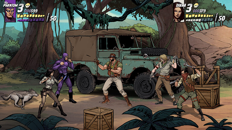 Animated scene with characters in a jungle setting with a vehicle and crates.