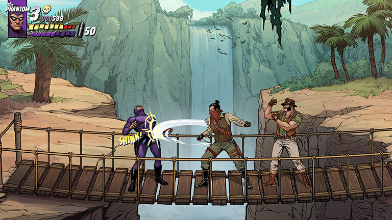 Three animated characters on a bridge with a waterfall and palm trees in the background