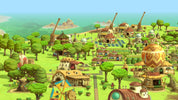 Cartoon-style village with various buildings and trees on a green landscape.