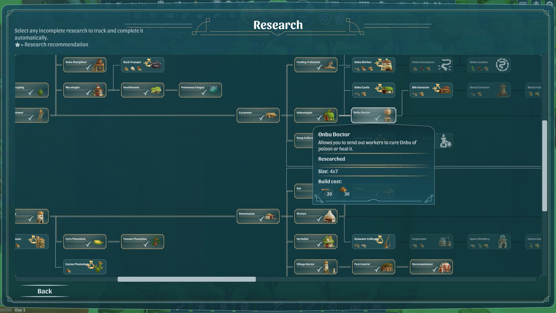 A screenshot of a dark teal game interface titled 'Research' with multiple connected research nodes, icons, buttons, and a central tooltip reading 'Ork Doctor' and 'Research fund.' This is not a physical product photo, packaging, lifestyle scene, measurement chart, color swatch, or instruction diagram for a retail product; it fits best under Other as a digital-only preview/game UI.