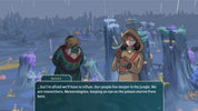A digital illustration from a video game or interactive story, featuring two characters in a rainy, alien jungle environment. On the left is a bearded character in a dark green tunic with a red collar, and on the right is a hooded character in a tan cloak holding a sword and vial.
