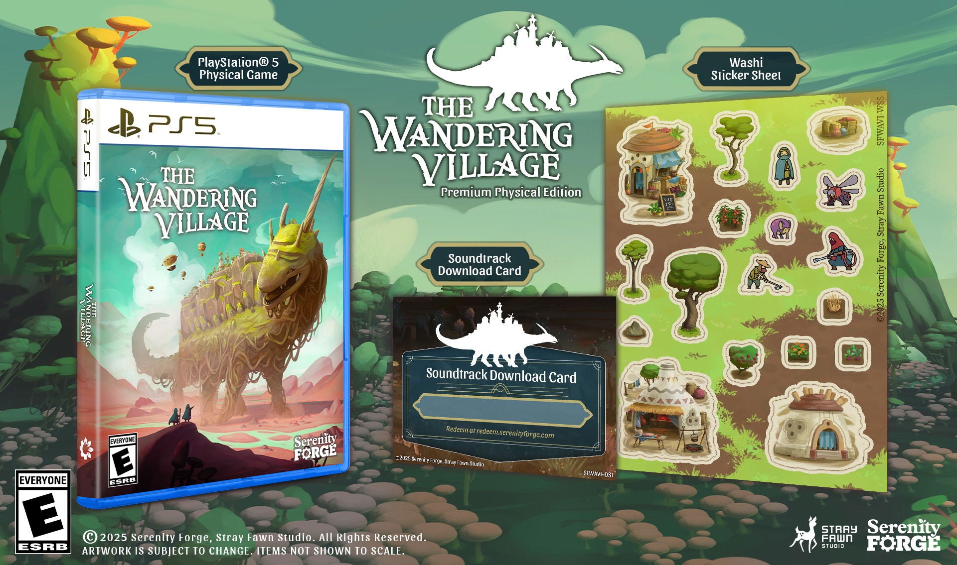 PlayStation 5 game case for 'The Wandering Village' with additional content packaging on a green background.