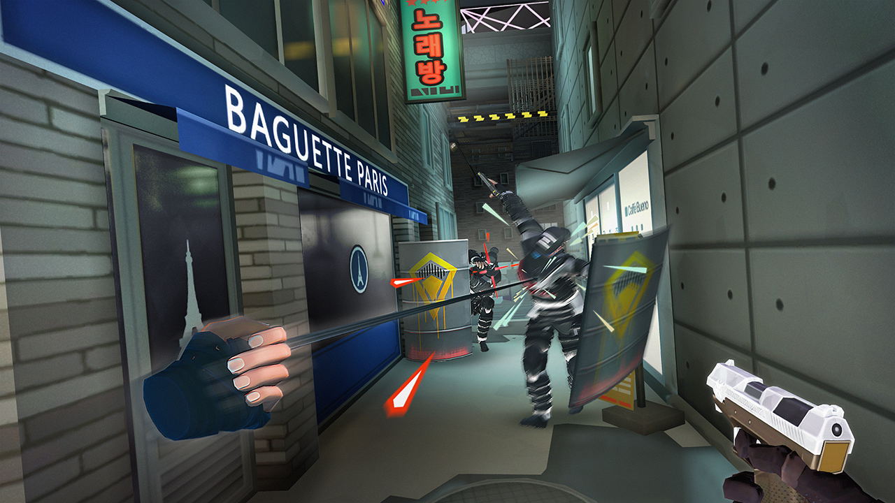 Video game scene with a character holding a weapon in an urban setting.