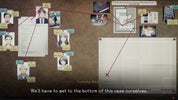 Investigative board with photos, documents, and a map in a crime-solving context.