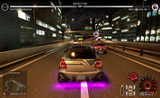 Car racing game scene with a car on a city street at night.