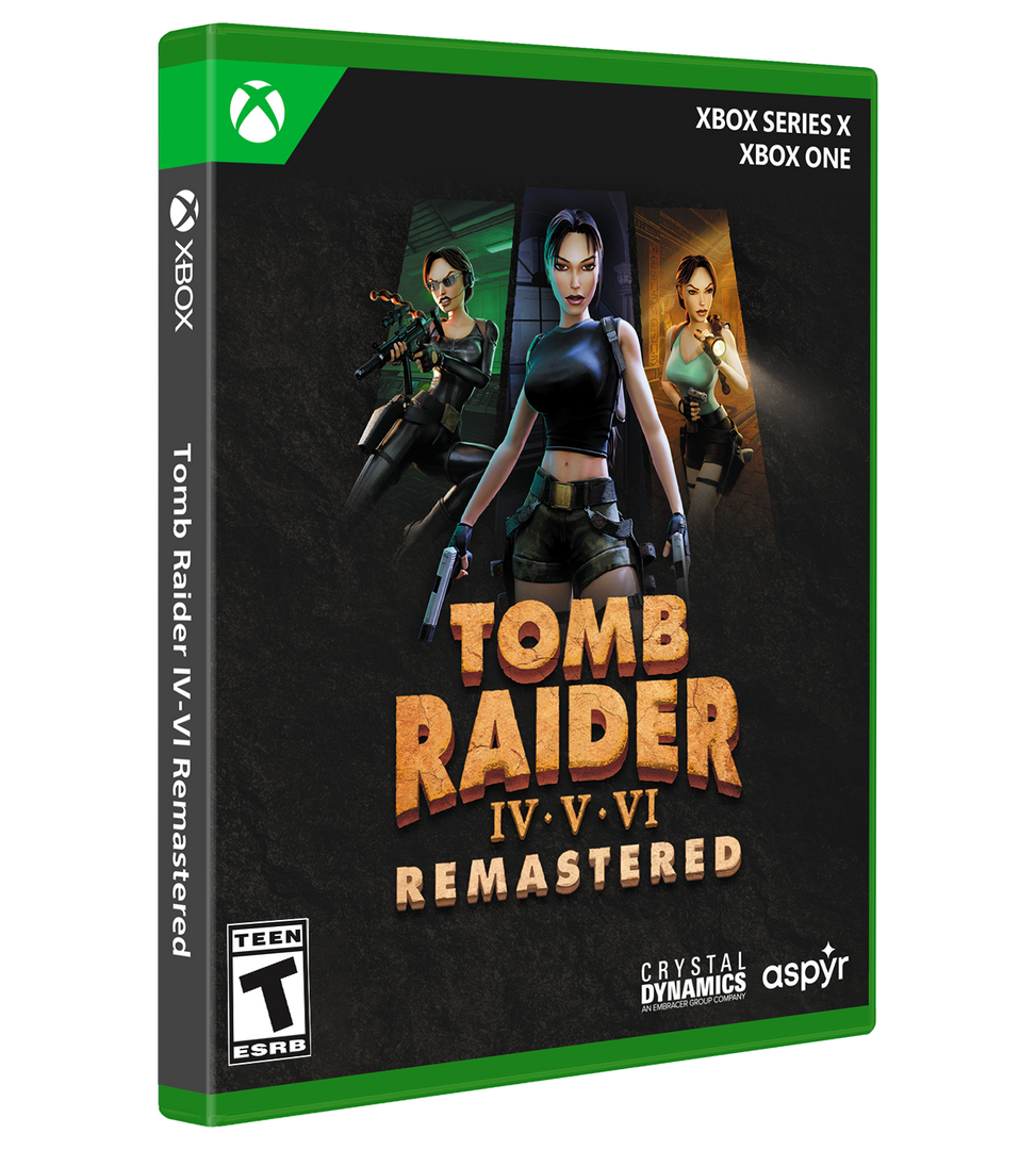 Game box for 'Tomb Raider IV-VI Remastered' on Xbox with character images and branding.