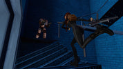 Two characters in a video game scenario on a staircase with blue walls.