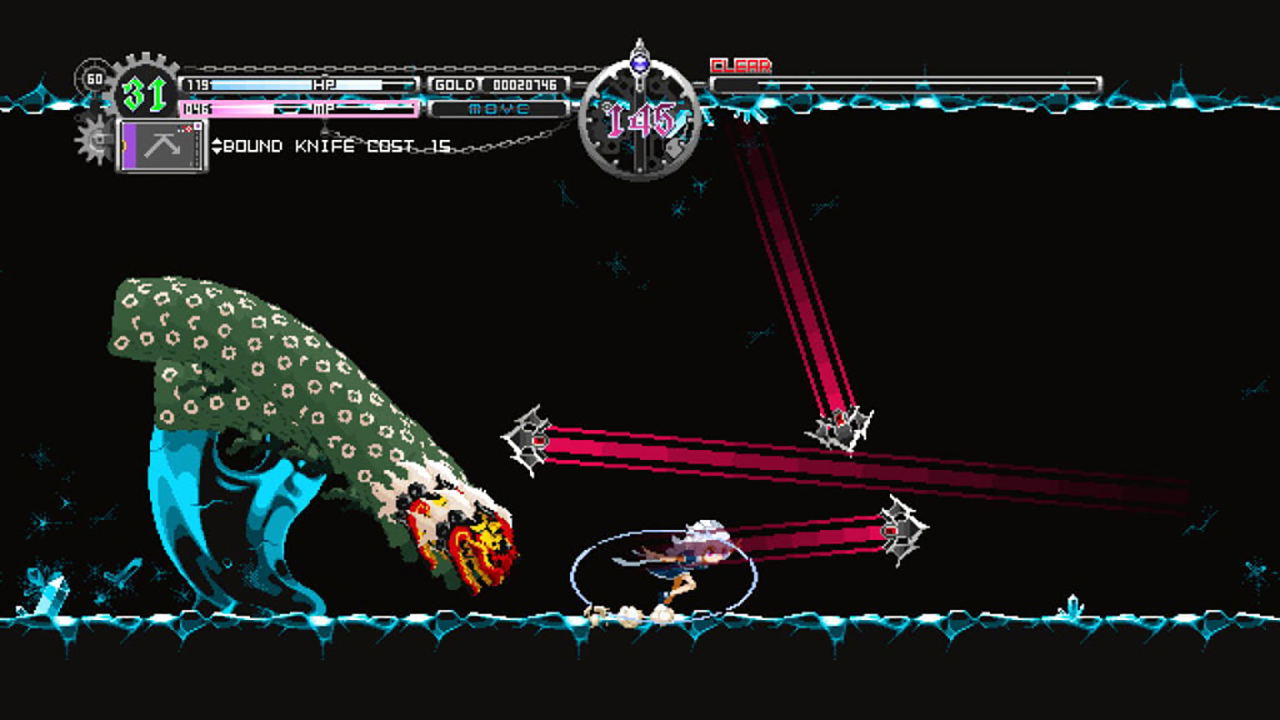 A screenshot from a side-scrolling action game showing a small character facing a large green patterned creature on a black background with blue icy platform edges and pink attack lines.