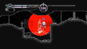A screenshot from a retro pixel-art video game showing a small white character standing inside a large red circular area on a dark gray and black platformed level. UI elements and health bars are visible at the top.