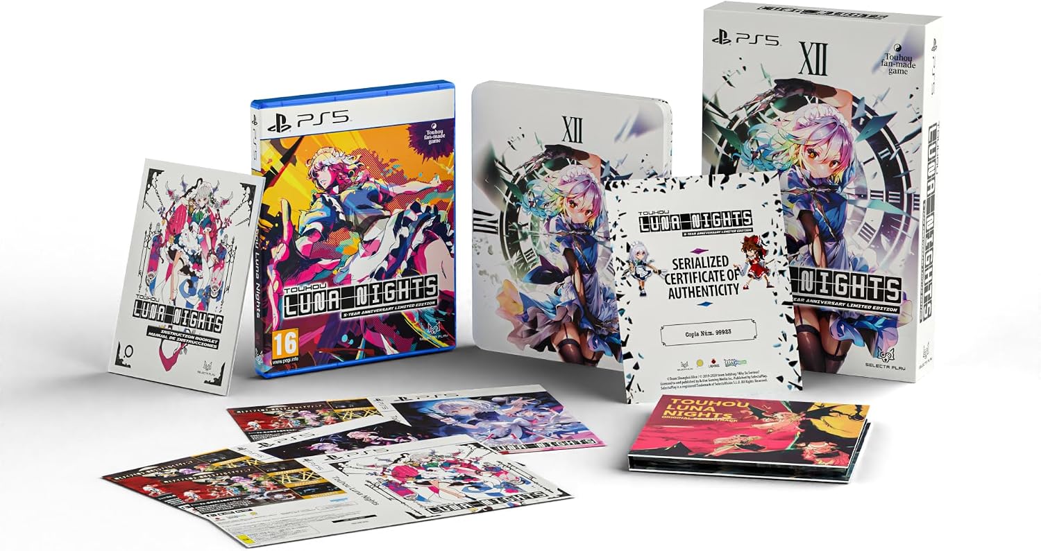 Lumina Nights PS5 game box set shown with multiple included items on a clean white background, including the PS5 game case, steelbook case, retail box, authenticity card, cards, and booklet.