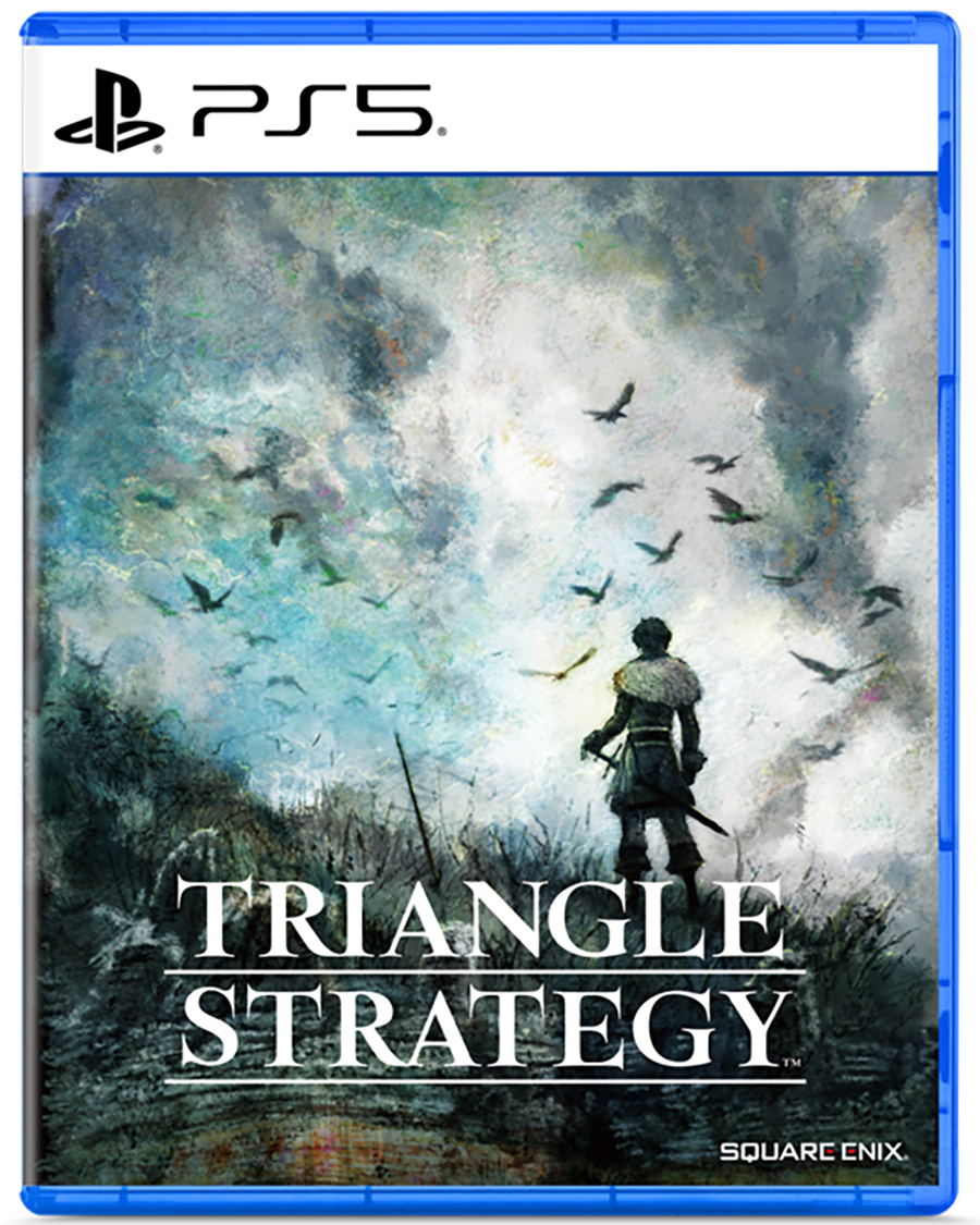 Game box for 'Triangle Strategy' by Square Enix on PS5 with a silhouette of a character and birds in the sky.