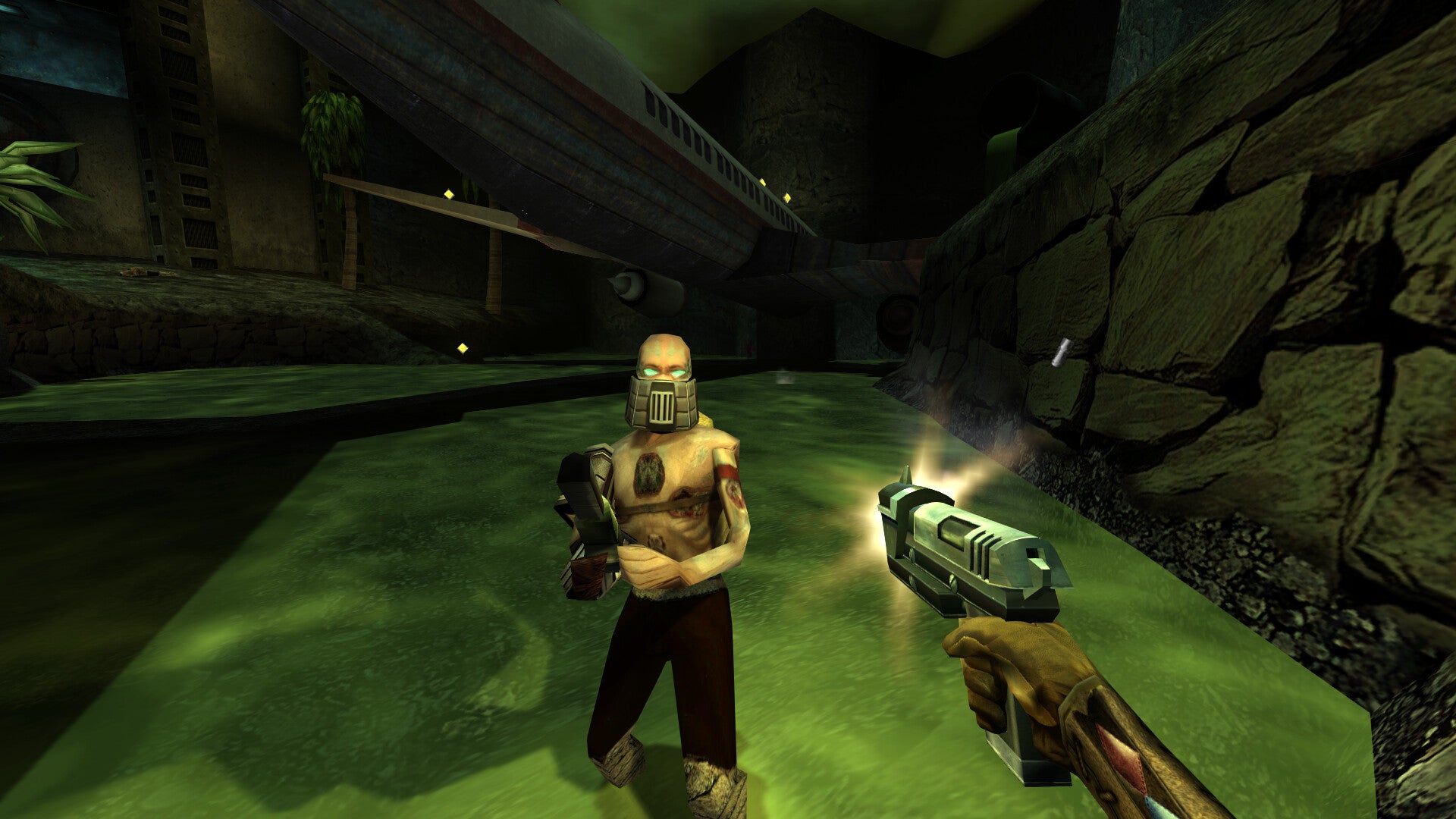 Character in a video game with a weapon and glowing object in a cave-like environment