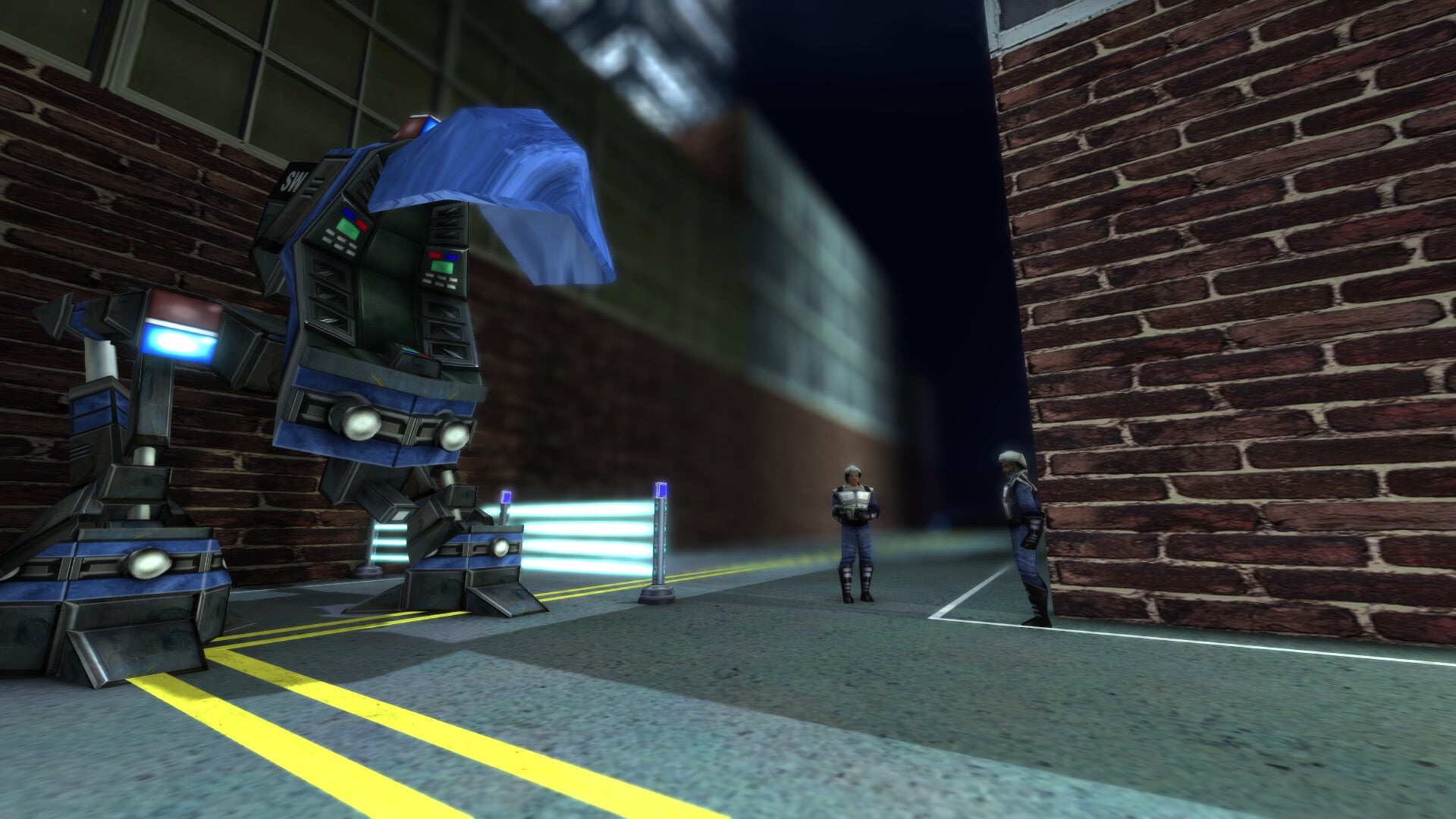 Robot and characters in a dark alleyway with brick walls