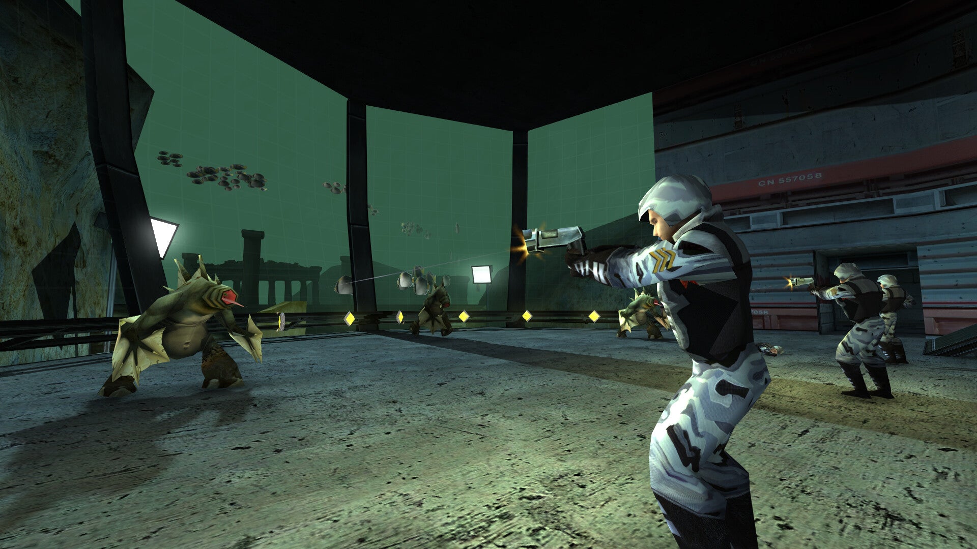Character in a futuristic suit holding a weapon in a sci-fi environment with screens and robots.