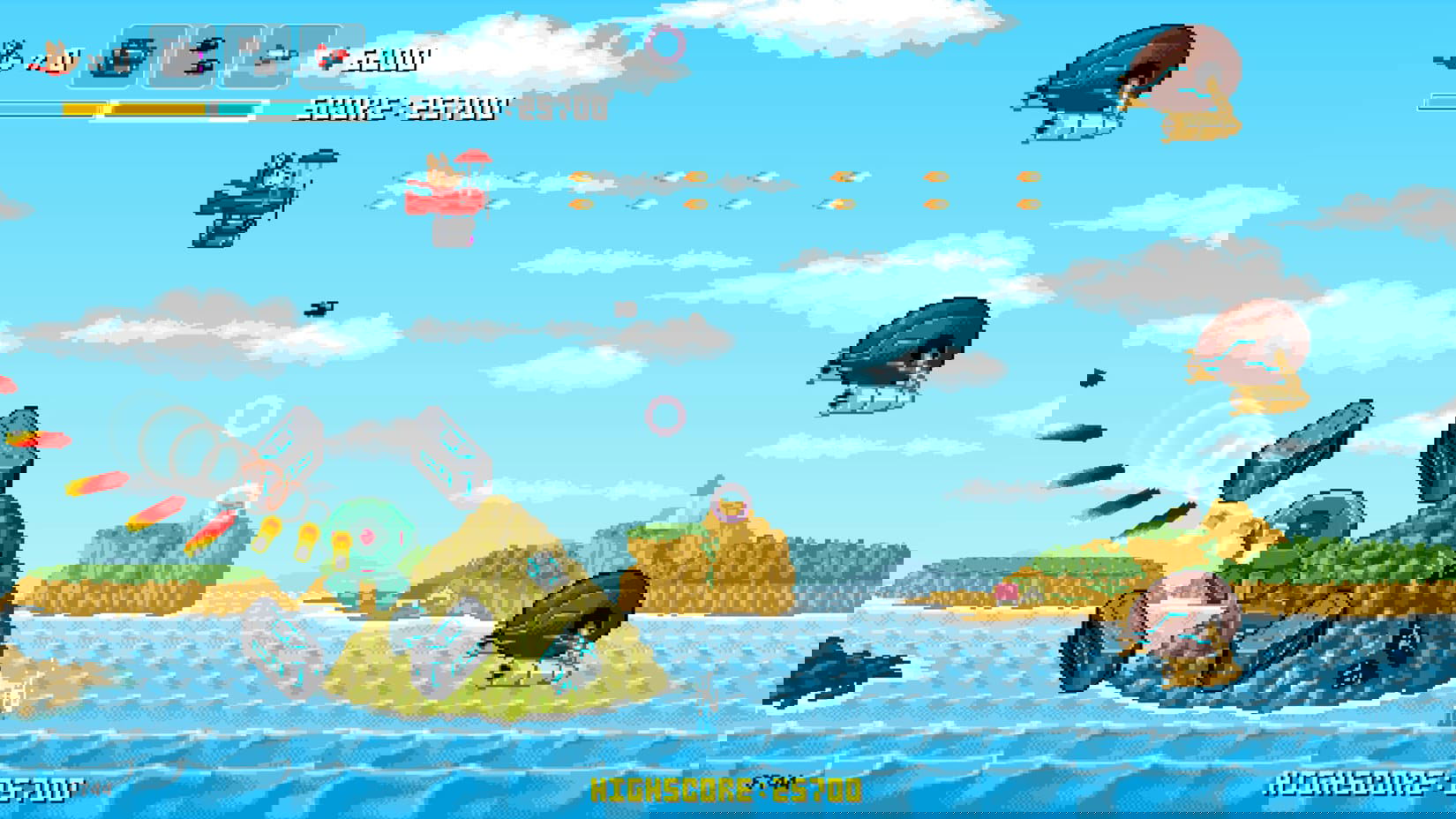 Pixel art-style game scene with characters and objects on a blue sky and ocean background