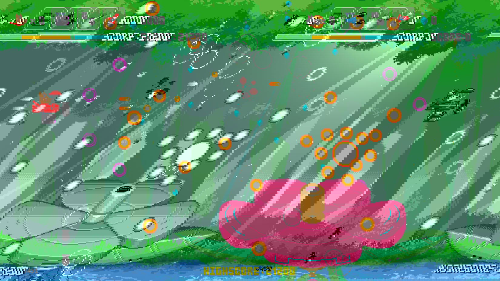 Colorful game screen with a pink flower-like object and character in a forest setting