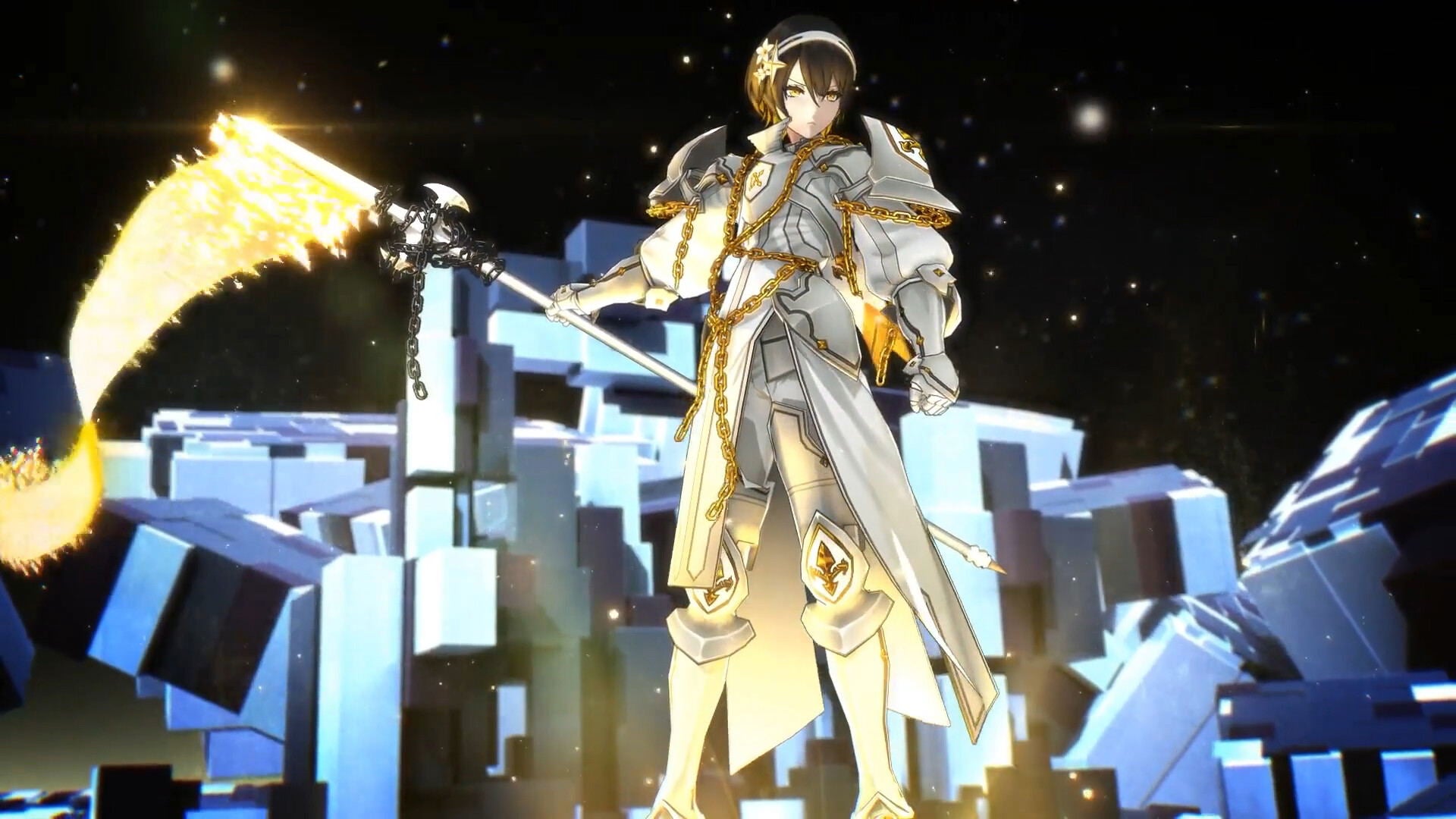 Character in futuristic armor with a weapon, standing on geometric platforms against a starry sky.