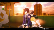 Two animated characters in school uniforms sitting on a train with a sunset cityscape in the background.