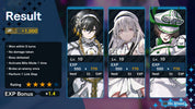 Game interface showing character cards with stats and a result summary.