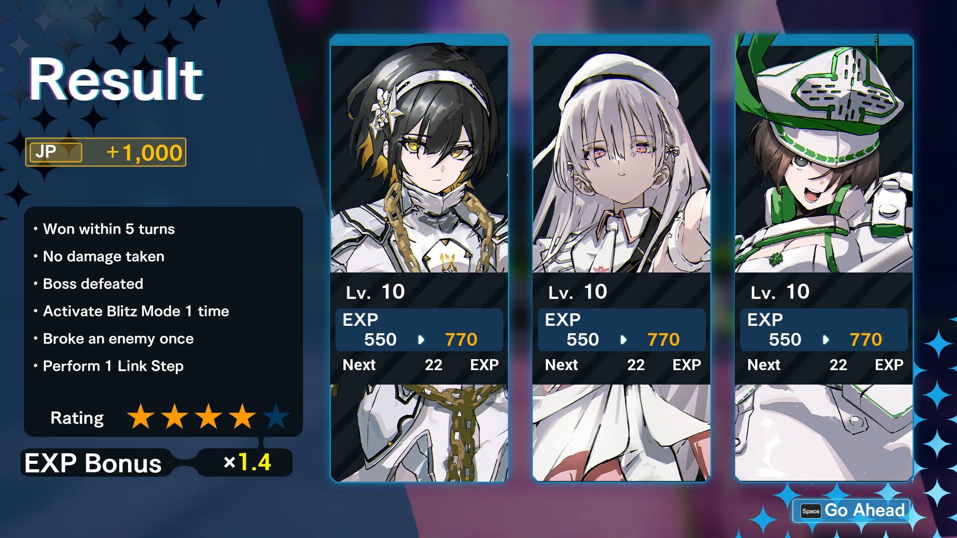Game interface showing character cards with stats and a result summary.