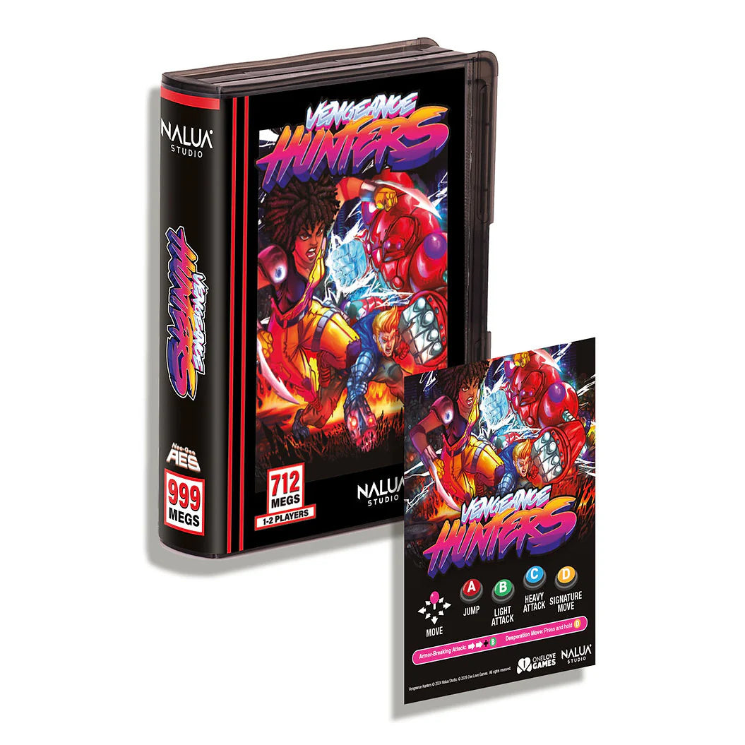 Video game cartridge with vibrant artwork and text on a white background
