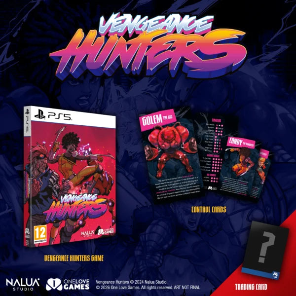 Vengeance Hunters game packaging with trading cards on a dark background