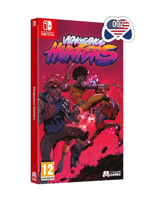Game box for 'Vengeance Hunters' on Nintendo Switch with colorful design and character illustration.