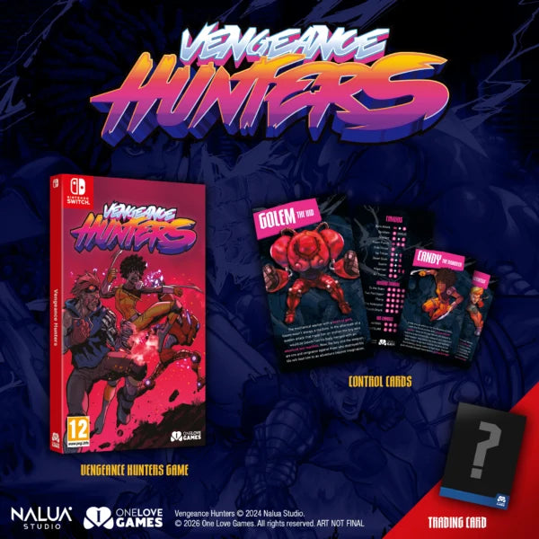 Vengeance Hunters game packaging with trading cards on a dark background