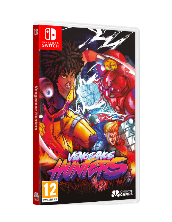Video game case for 'Vengeance Hunters' on Nintendo Switch with colorful artwork and character images.