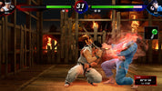 Two characters in a fighting game scenario with health bars and character portraits above them.