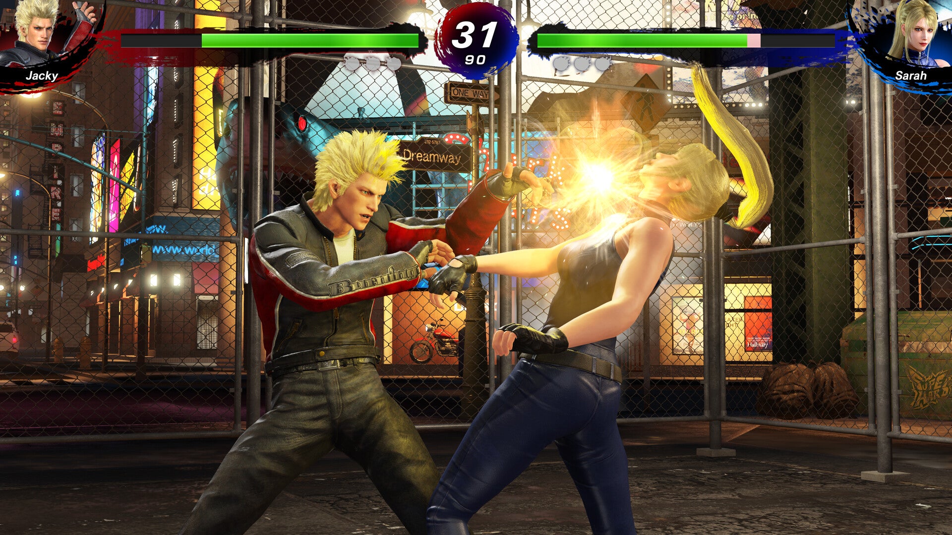 Two characters in a fighting game with a cityscape background