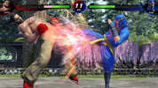 Two characters in a fighting game with a colorful energy effect in an outdoor setting.