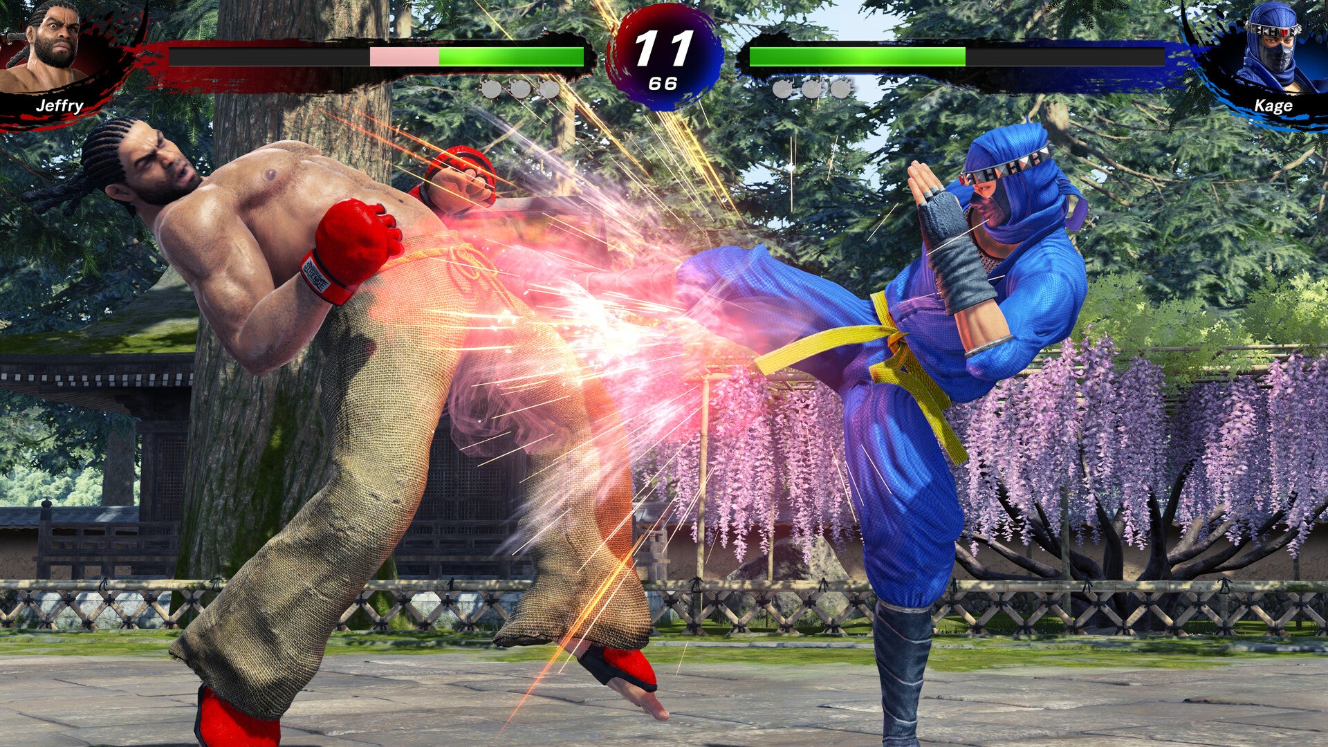 Two characters in a fighting game with a colorful energy effect in an outdoor setting.