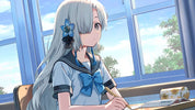 Anime character with long white hair and blue hair accessories sitting at a desk in a classroom.