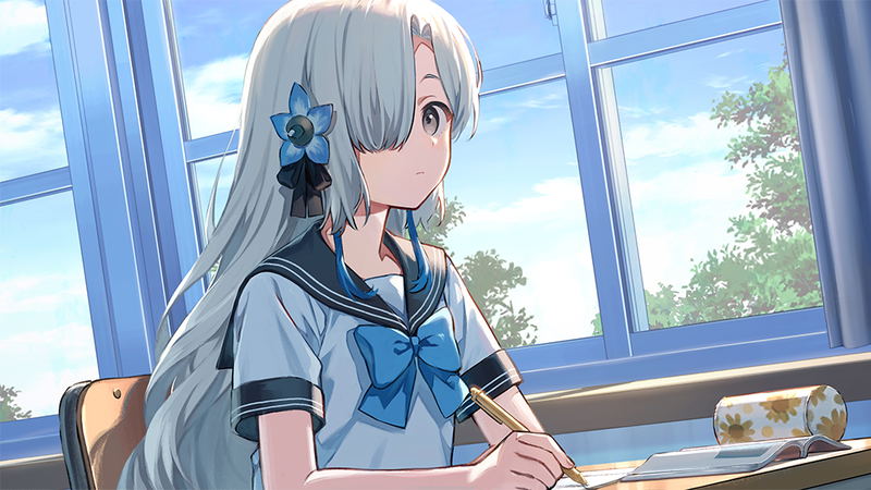 Anime character with long white hair and blue hair accessories sitting at a desk in a classroom.
