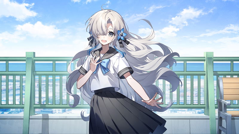 Anime character with long white hair sitting on a balcony with a blue sky background