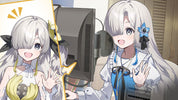 Animated character with white hair and blue eyes interacting with a computer monitor.