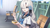 Anime character with white hair and a blue flower sitting on a bench, holding chopsticks and a small box.