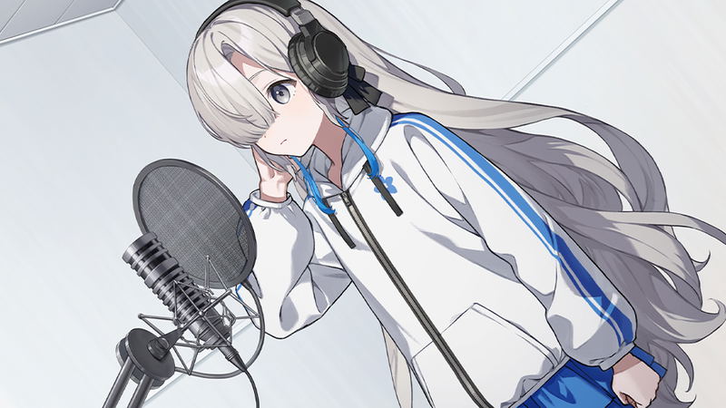 Anime character with headphones and microphone on a light background