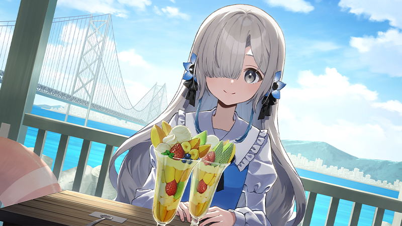 Anime character with gray hair holding a colorful fruit salad in front of a scenic bridge.