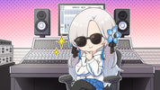Animated character with sunglasses and a flower in a studio setting