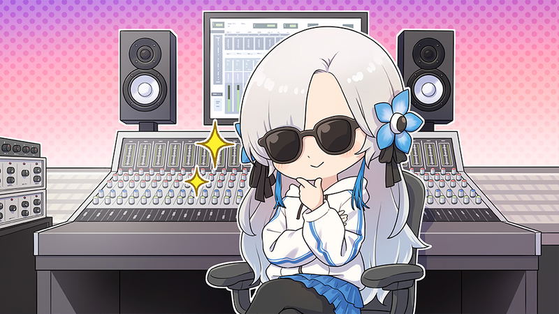 Animated character with sunglasses and a flower in a studio setting