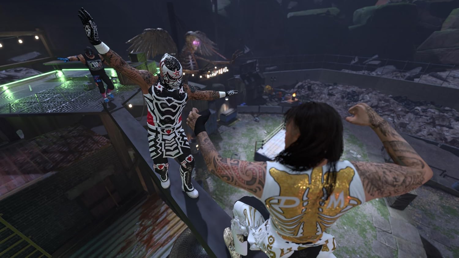 Two characters in a video game setting with one character in a zebra-striped outfit and the other in a gold and white outfit.