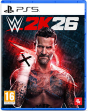 WWE 2K26 game cover for PS5 with a muscular man and red 'X' symbol on a blue and black background.