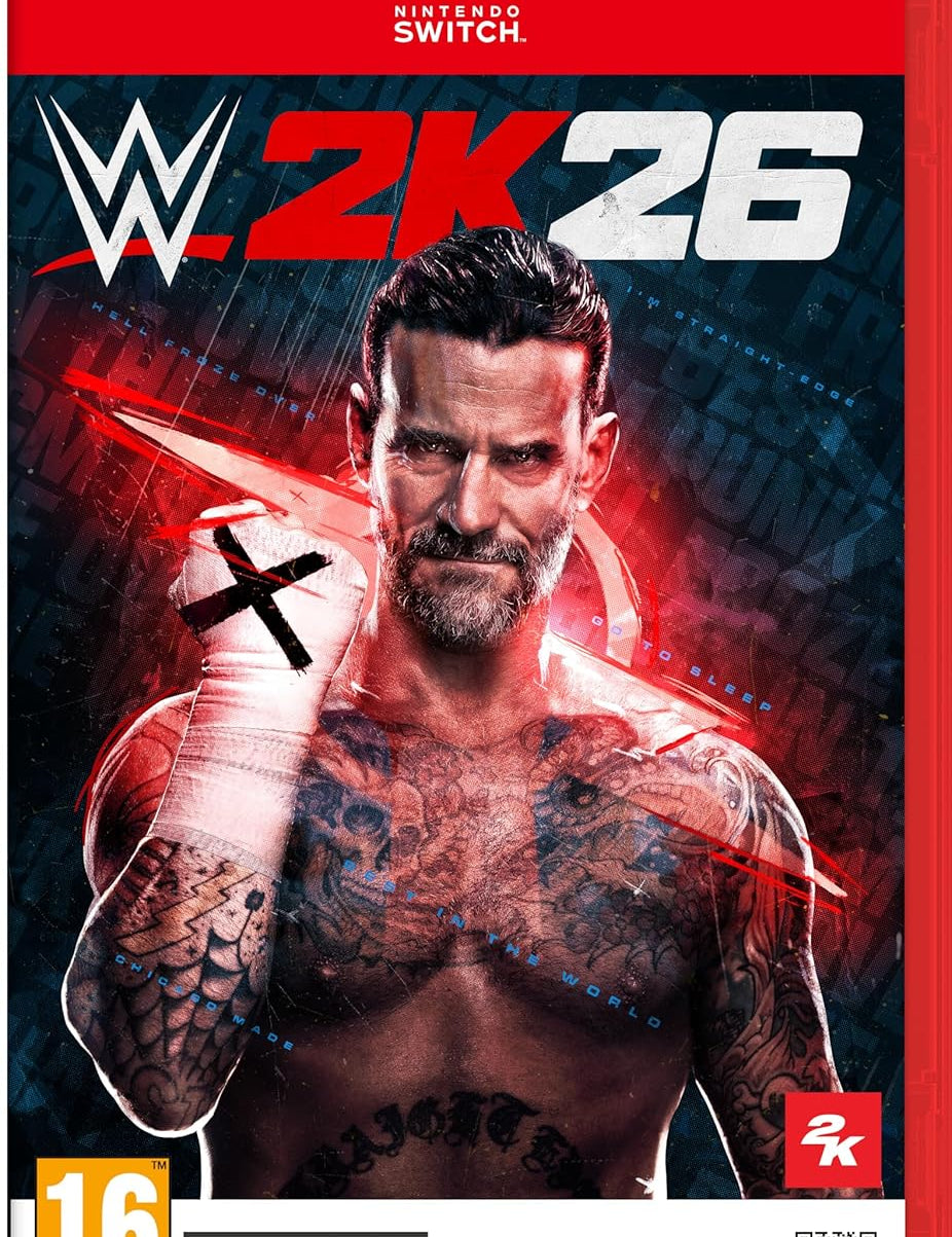 WWE 2K26 game case for Nintendo Switch with a muscular man on the cover.
